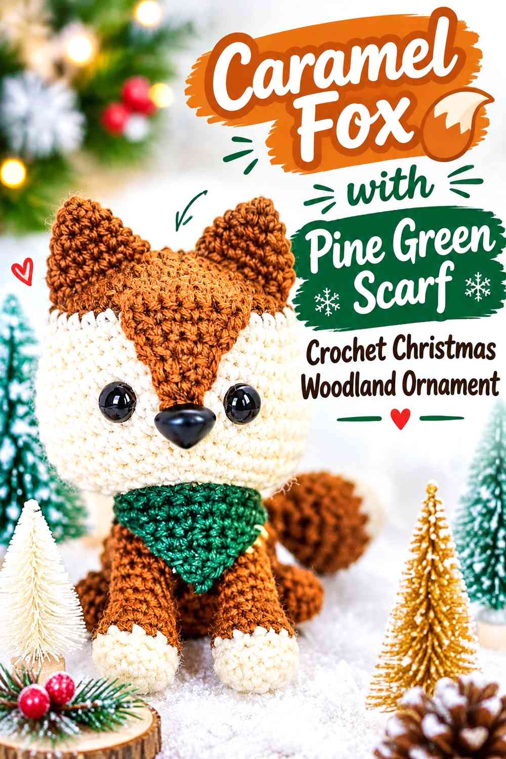 Caramel Fox with Pine Green Scarf Crochet Christmas Woodland Ornament