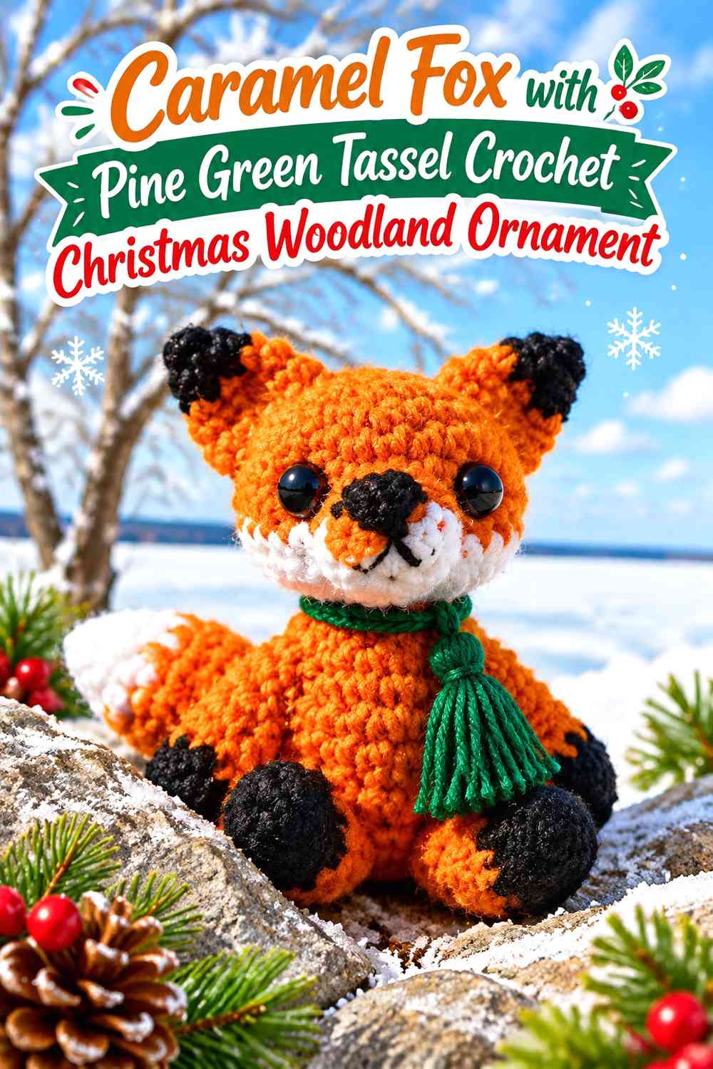 Caramel Fox with Pine Green Tassel Crochet Christmas Woodland Ornament
