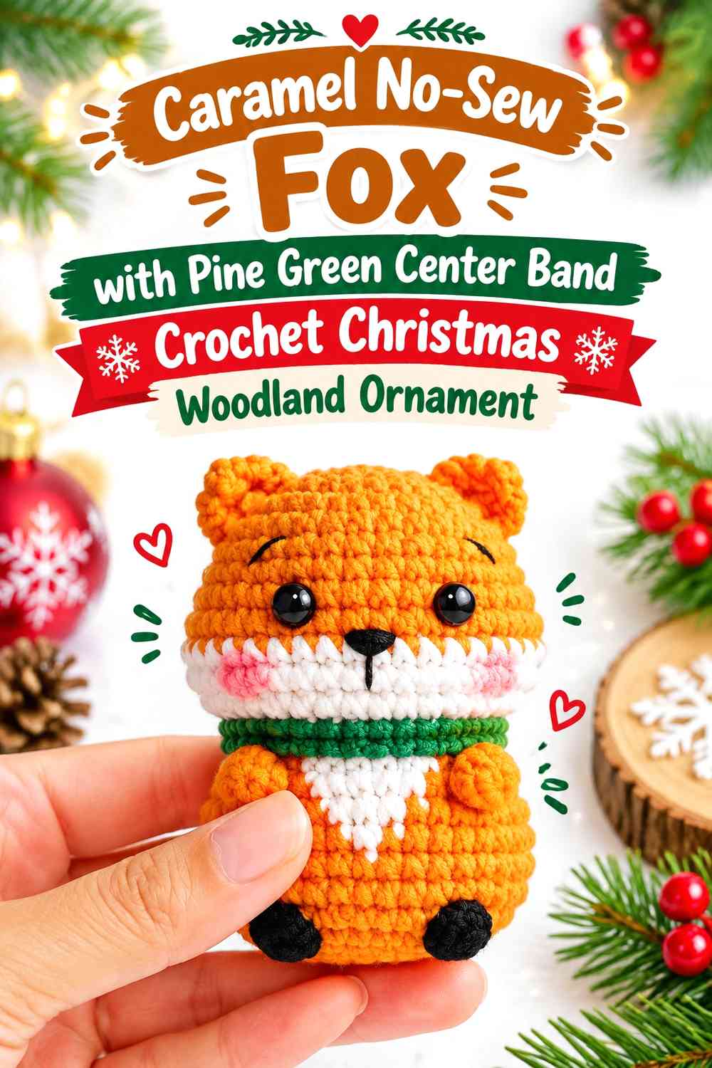 Caramel No-Sew Fox with Pine Green Center Band Crochet Christmas Woodland Ornament