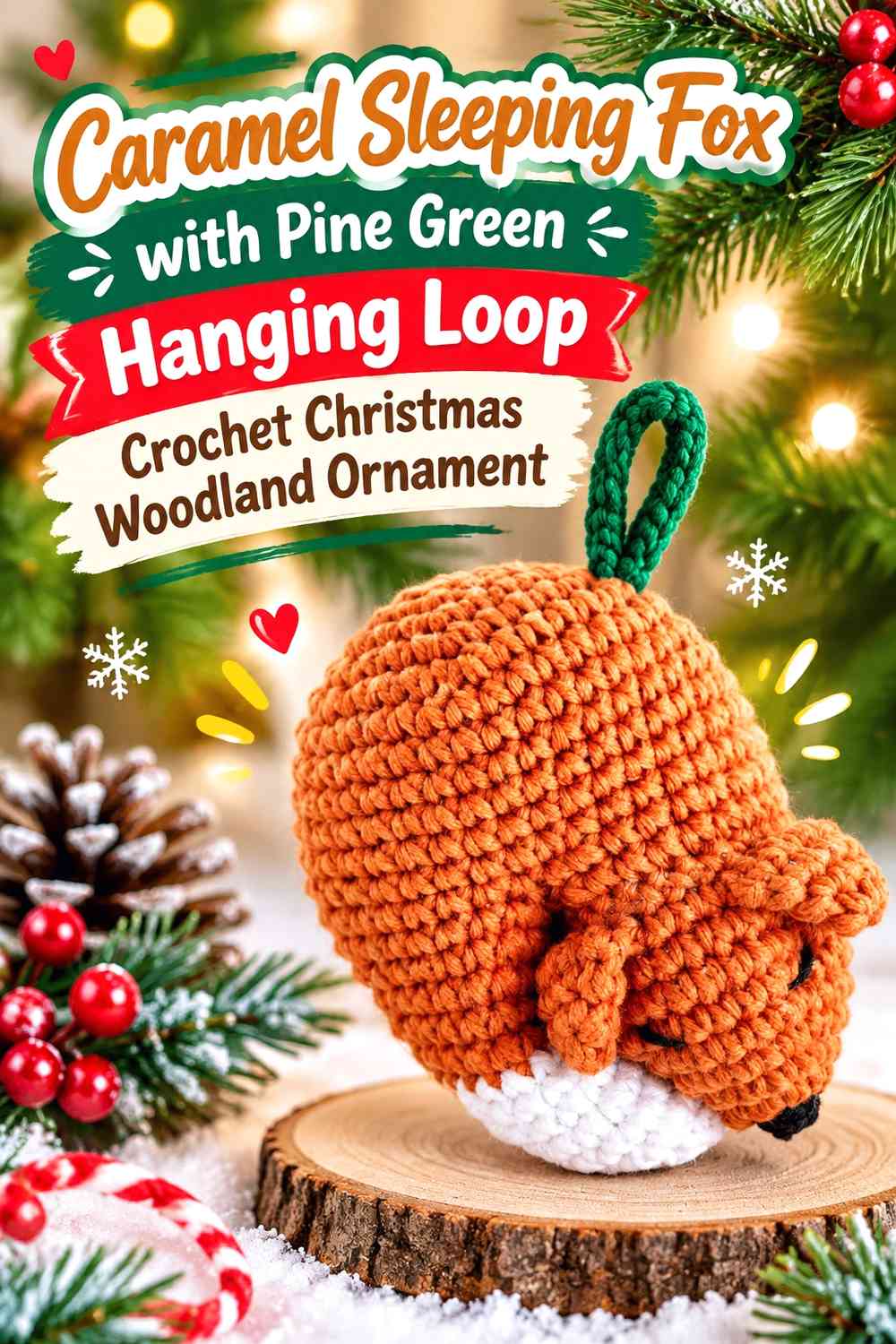 Caramel Sleeping Fox with Pine Green Hanging Loop Crochet Christmas Woodland Ornament