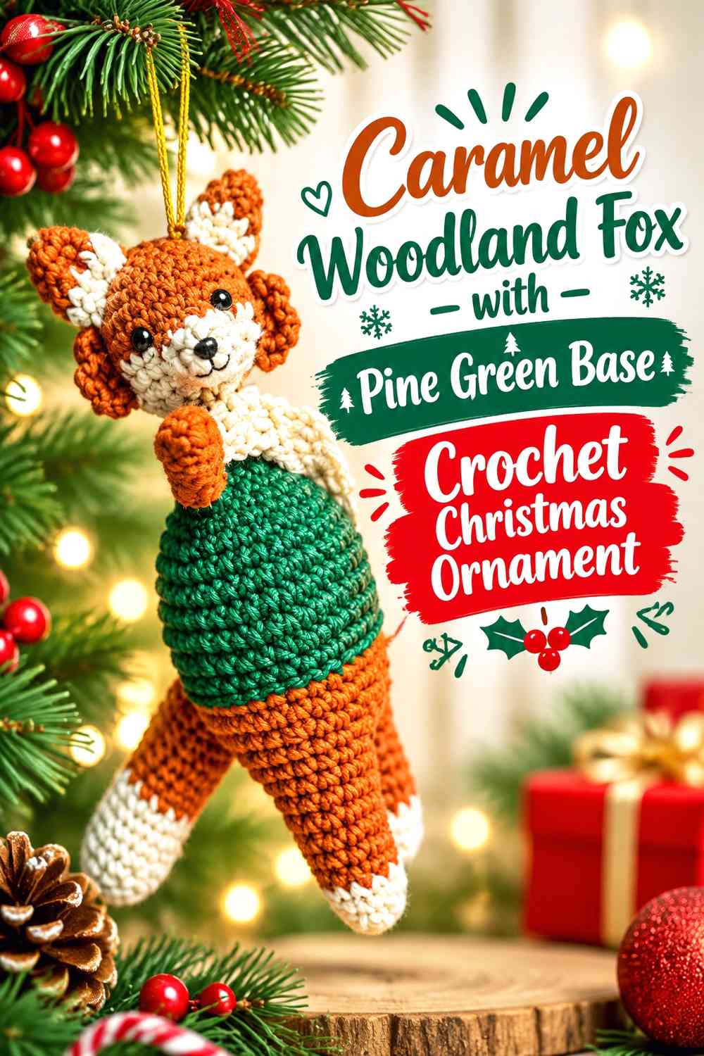 Caramel Woodland Fox with Pine Green Base Crochet Christmas Ornament