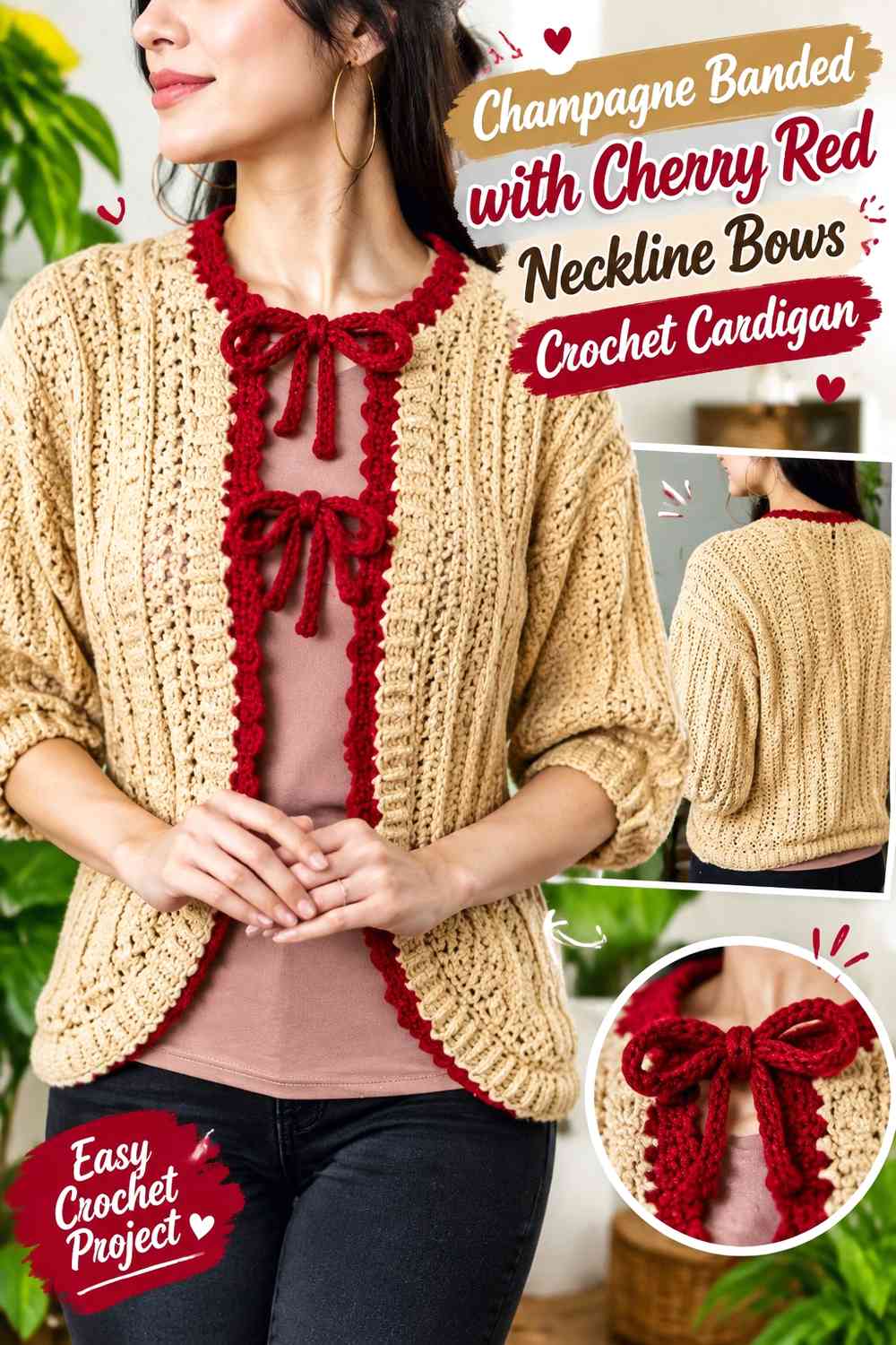 Champagne Banded with Cherry Red Neckline Bows Crochet Cardigan