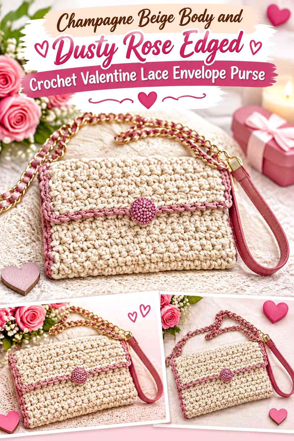 Champagne Beige Body and Dusty Rose Edged Crochet Valentine Lace Envelope Purse