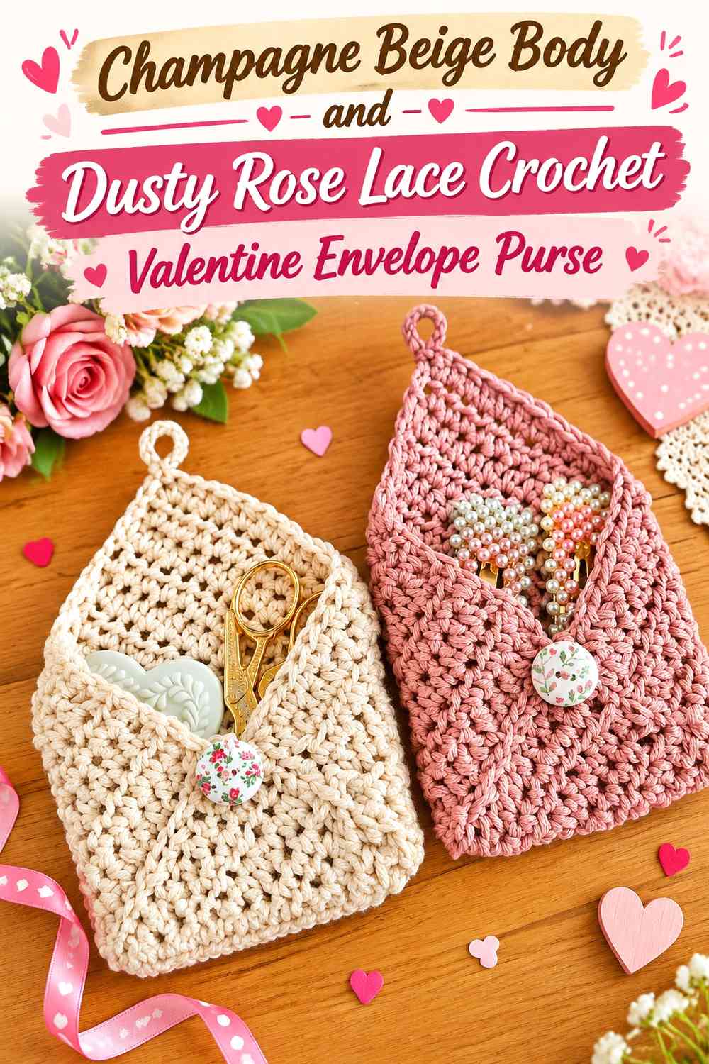 Champagne Beige Body and Dusty Rose Lace Crochet Valentine Envelope Purse