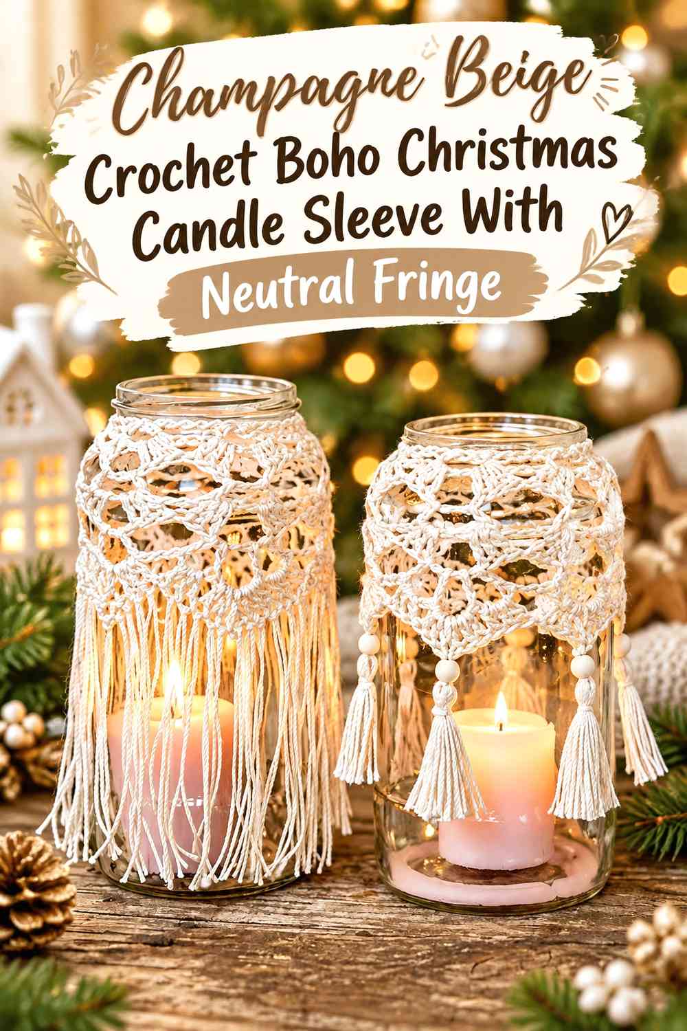 Champagne Beige Crochet Boho Christmas Candle Sleeve With Neutral Fringe