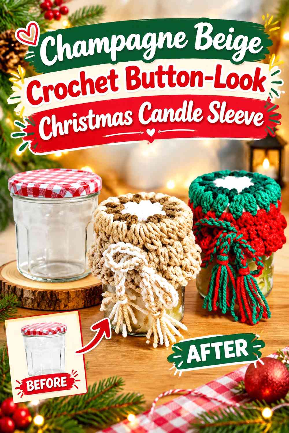 Champagne Beige Crochet Button-Look Christmas Candle Sleeve