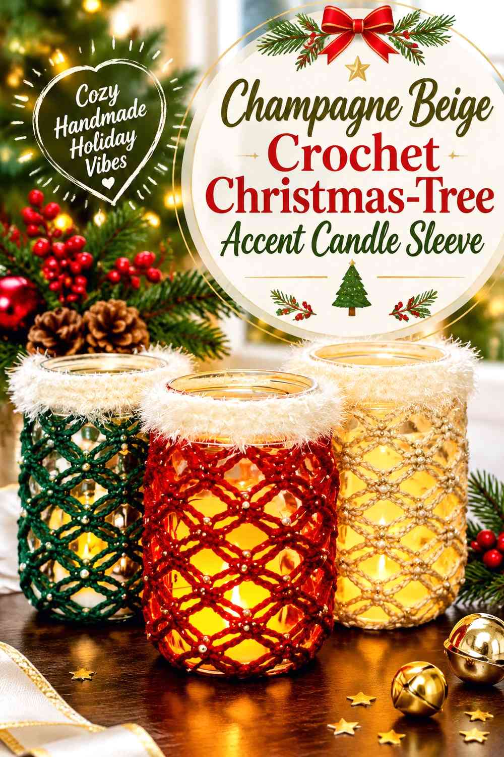 Champagne Beige Crochet Christmas-Tree Accent Candle Sleeve