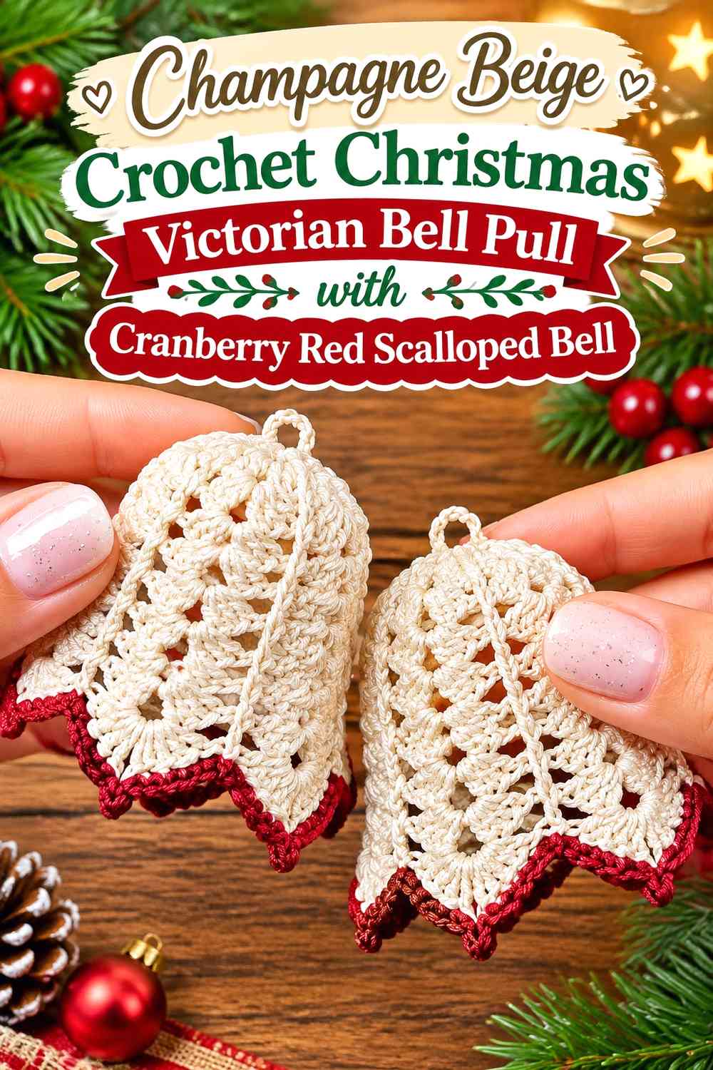 Champagne Beige Crochet Christmas Victorian Bell Pull with Cranberry Red Scalloped Bell