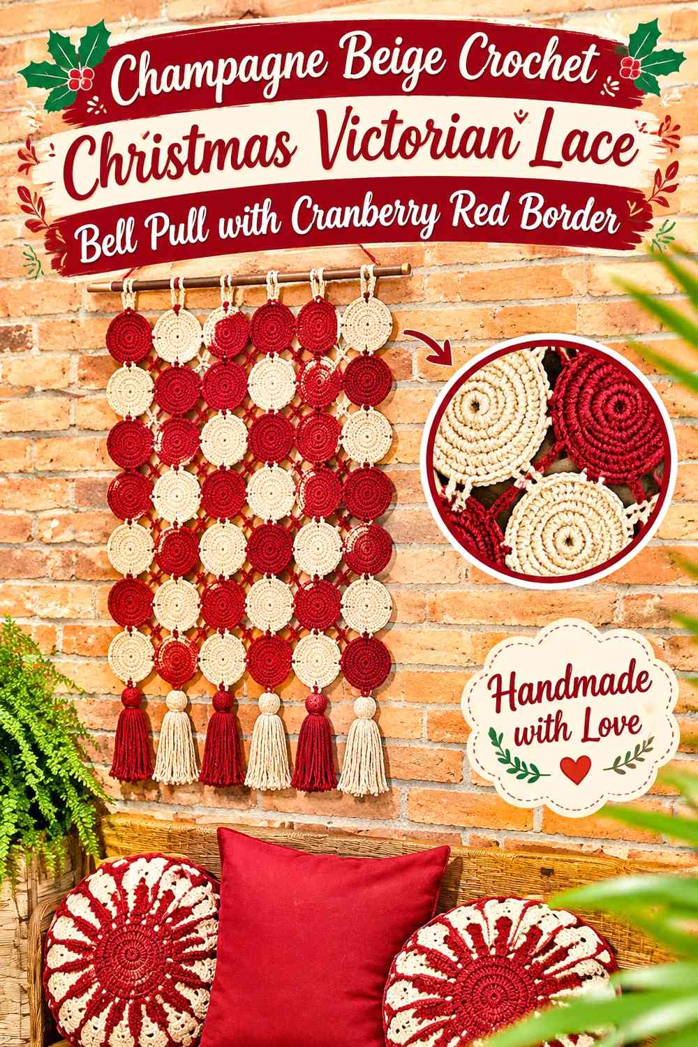 Champagne Beige Crochet Christmas Victorian Lace Bell Pull with Cranberry Red Border
