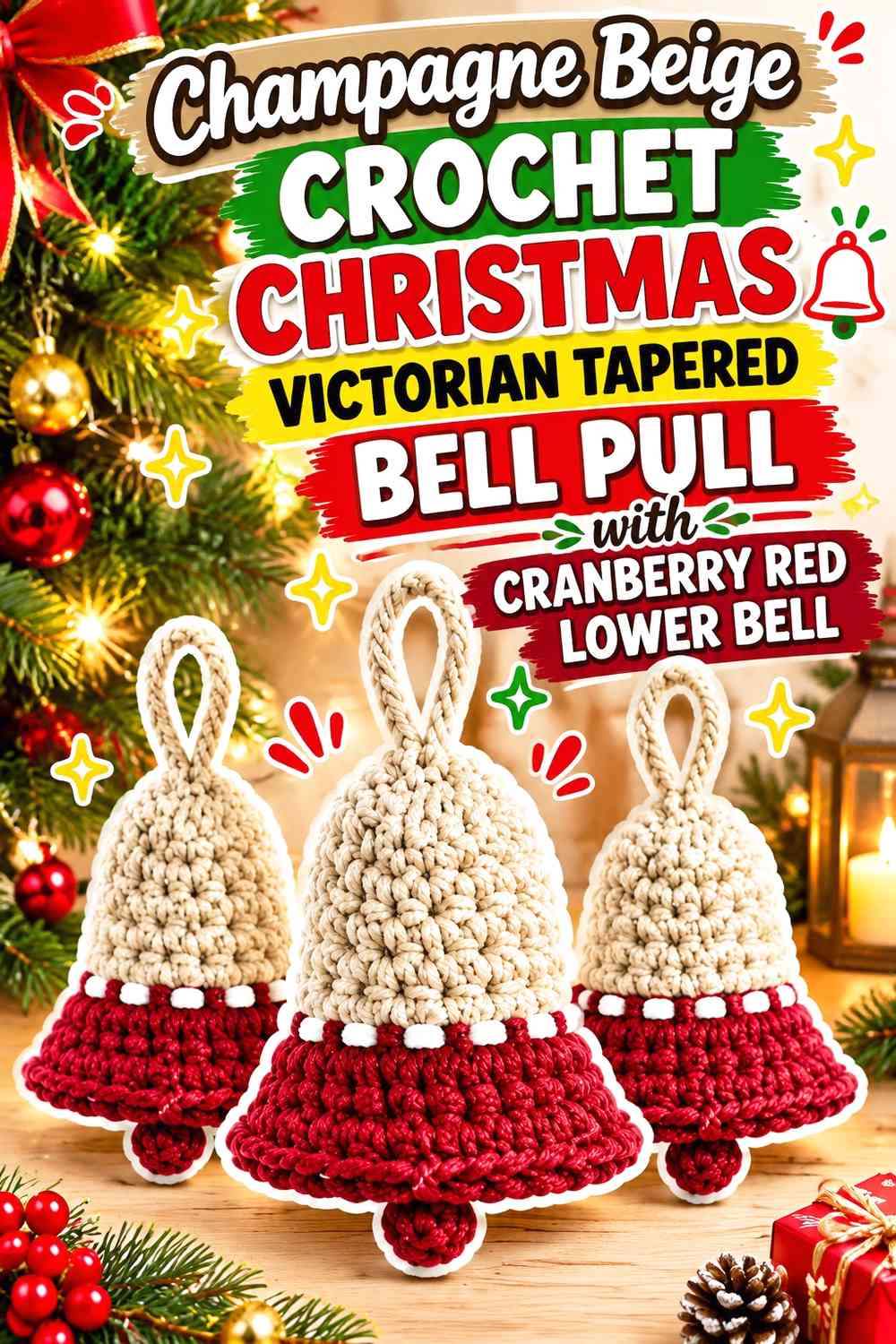 Champagne Beige Crochet Christmas Victorian Tapered Bell Pull with Cranberry Red Lower Bell