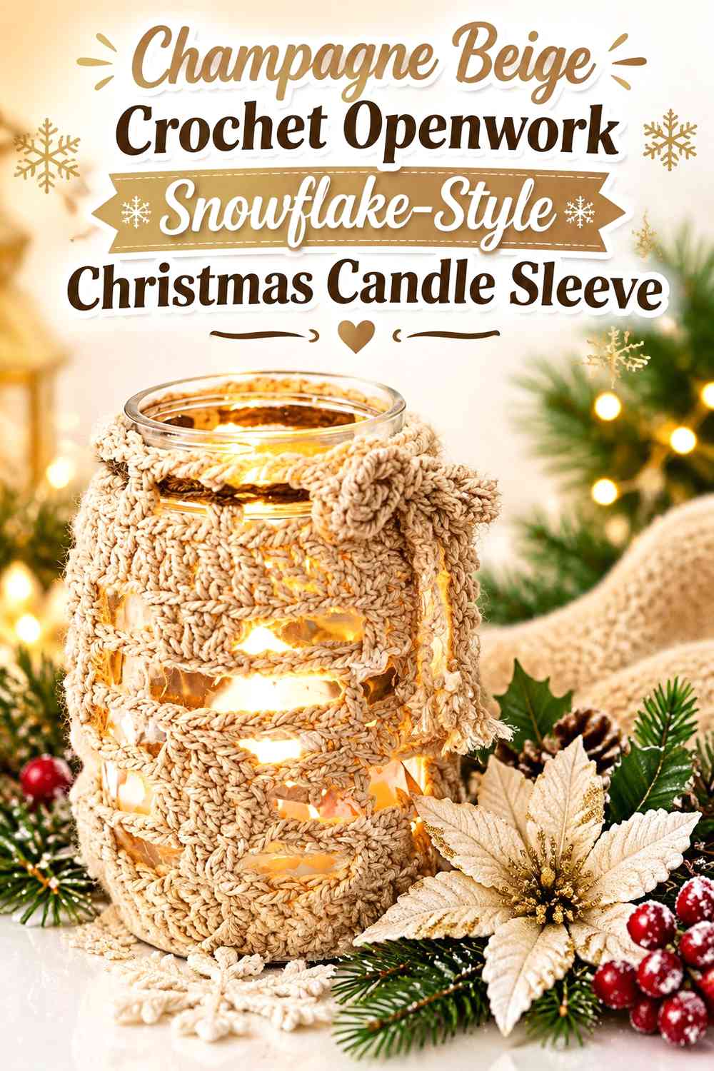 Champagne Beige Crochet Openwork Snowflake-Style Christmas Candle Sleeve
