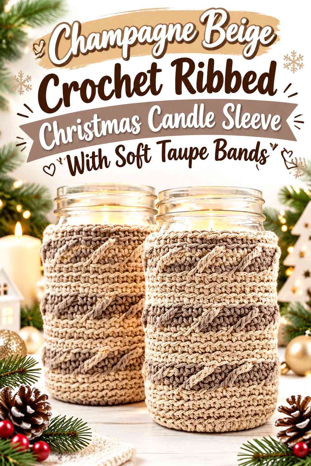 Champagne Beige Crochet Ribbed Christmas Candle Sleeve With Soft Taupe Bands