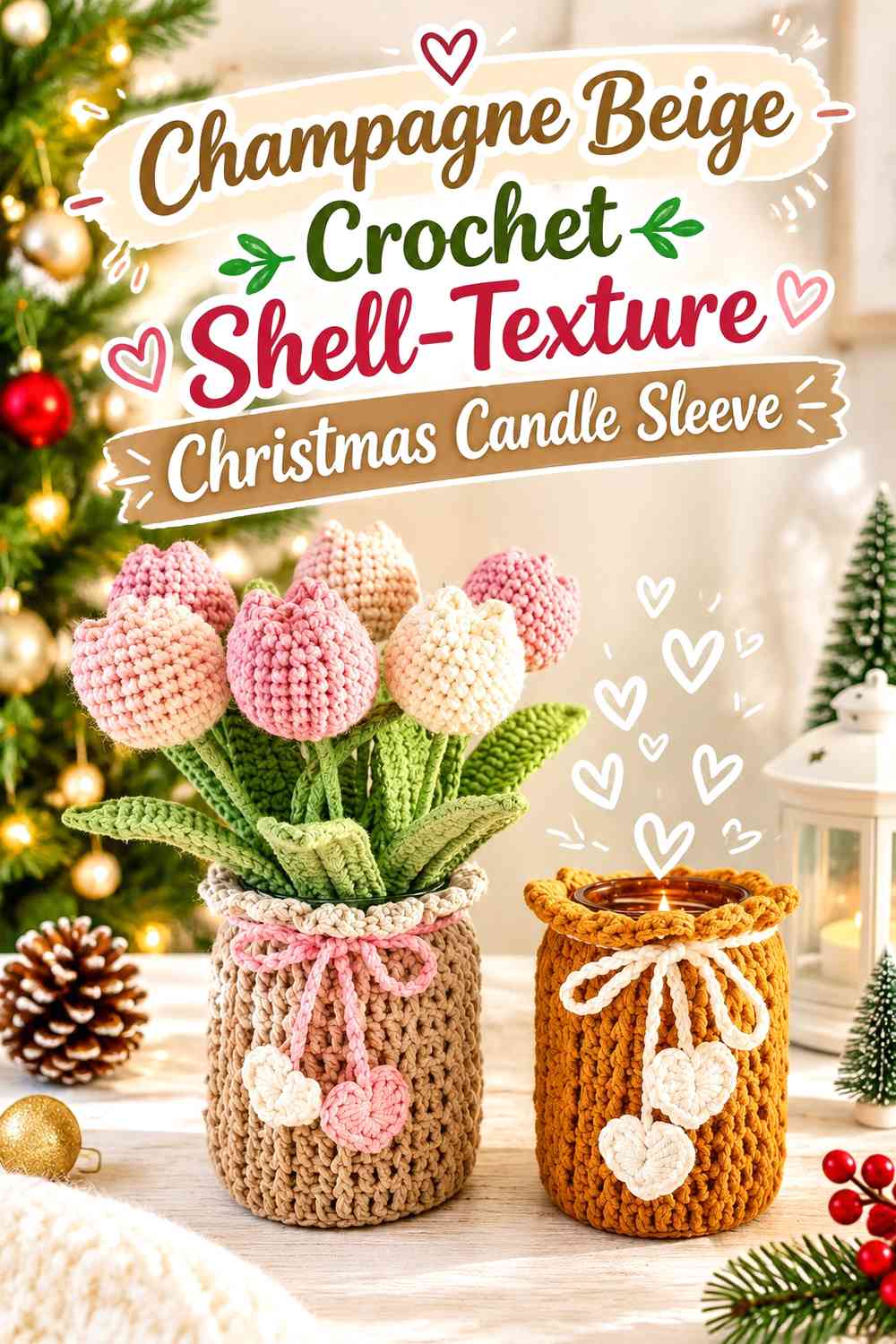 Champagne Beige Crochet Shell-Texture Christmas Candle Sleeve