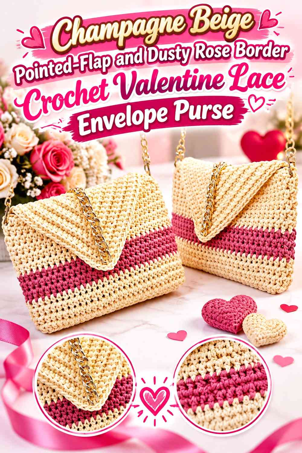 Champagne Beige Pointed-Flap and Dusty Rose Border Crochet Valentine Lace Envelope Purse