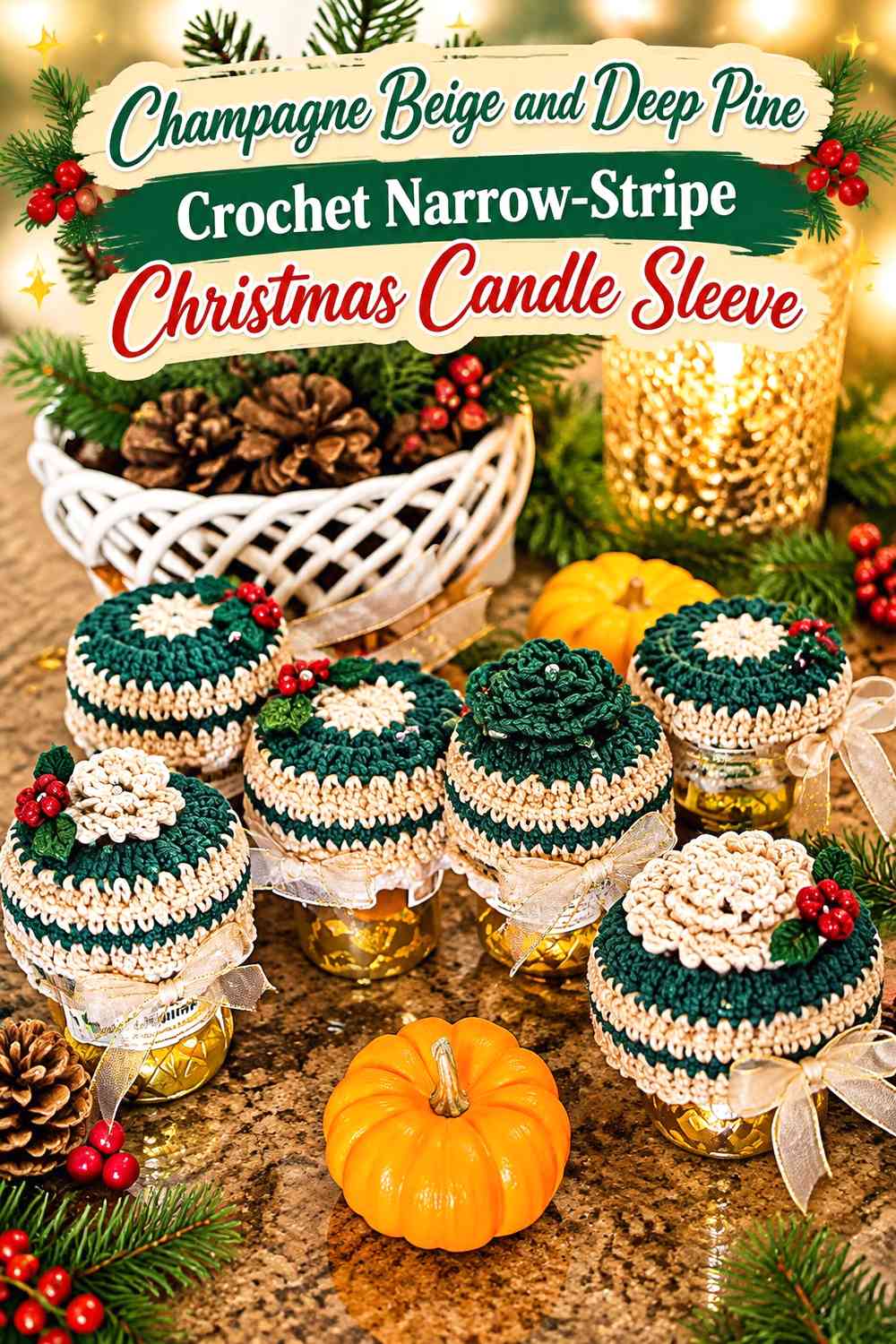 Champagne Beige and Deep Pine Crochet Narrow-Stripe Christmas Candle Sleeve