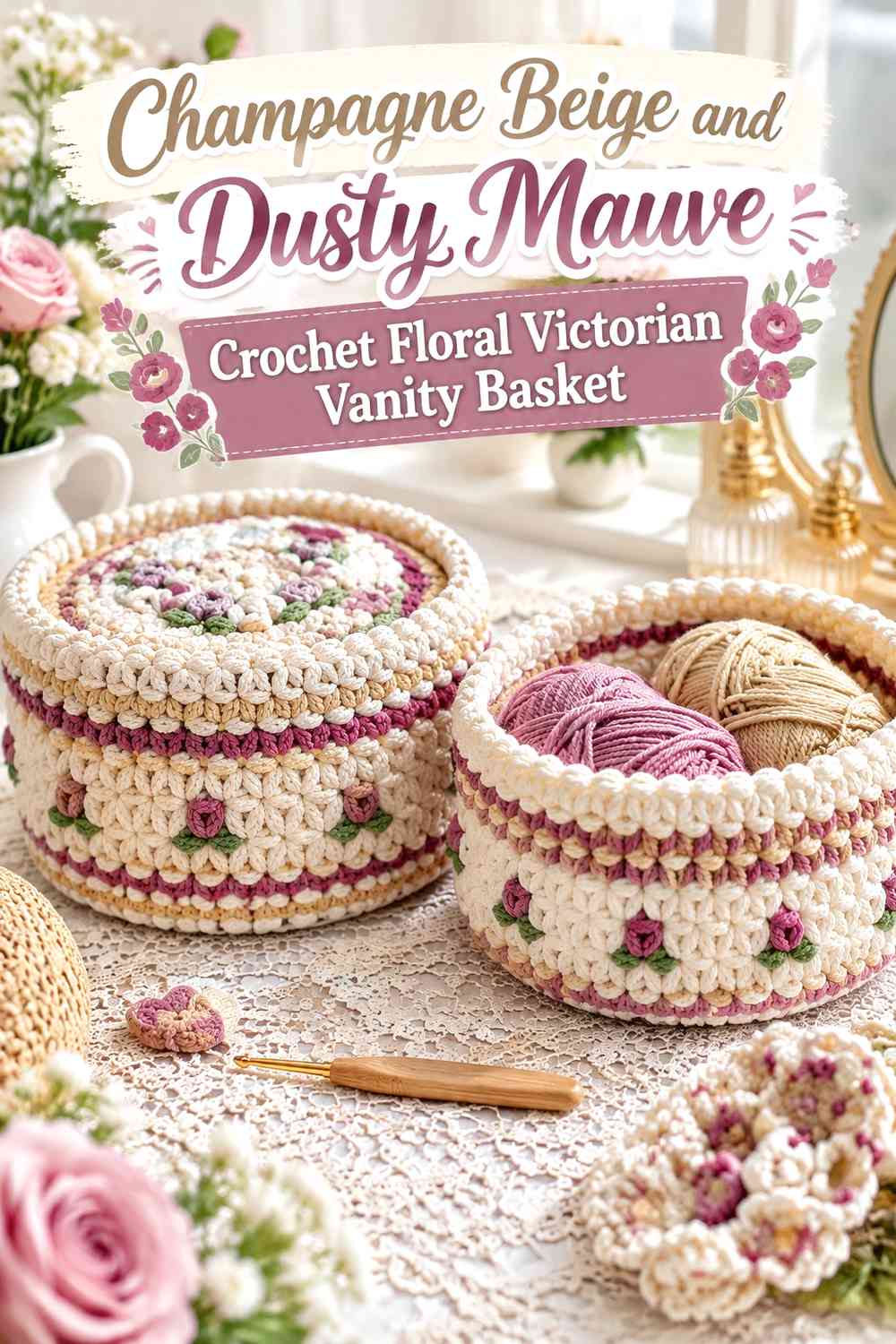 Champagne Beige and Dusty Mauve Crochet Floral Victorian Vanity Basket