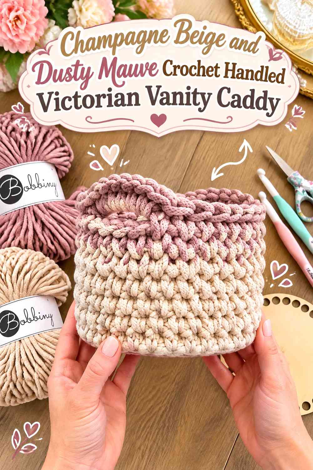 Champagne Beige and Dusty Mauve Crochet Handled Victorian Vanity Caddy