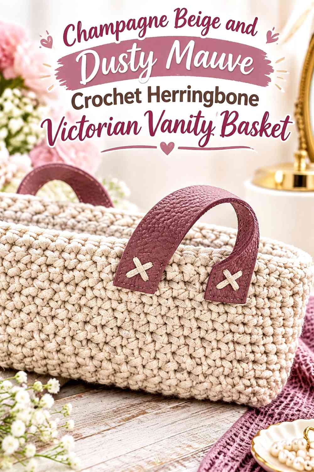 Champagne Beige and Dusty Mauve Crochet Herringbone Victorian Vanity Basket