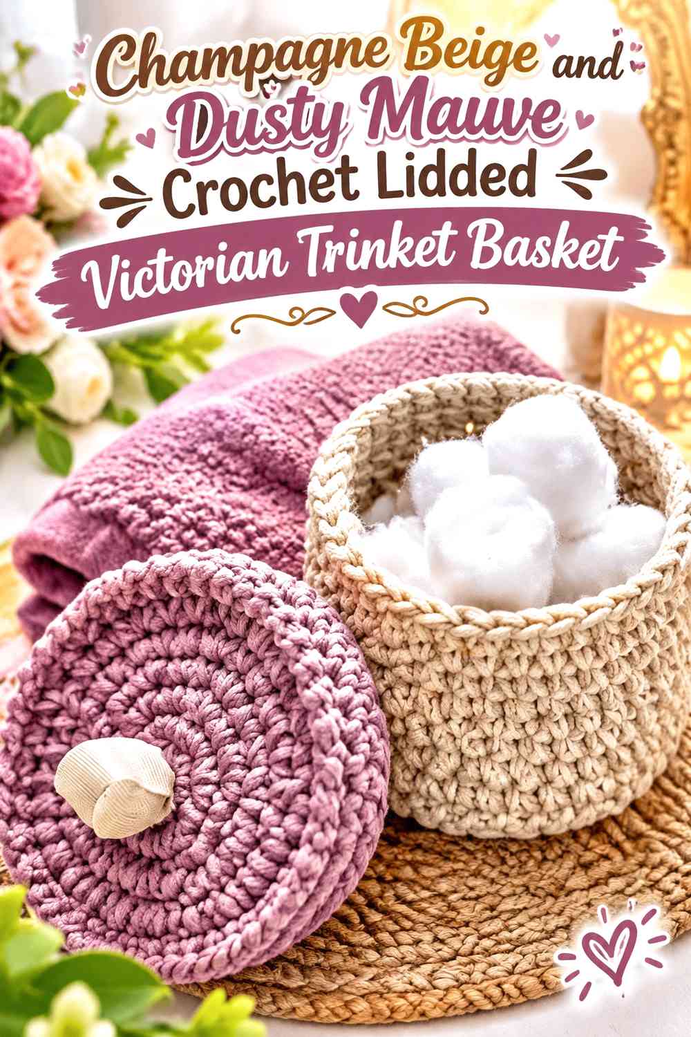 Champagne Beige and Dusty Mauve Crochet Lidded Victorian Trinket Basket