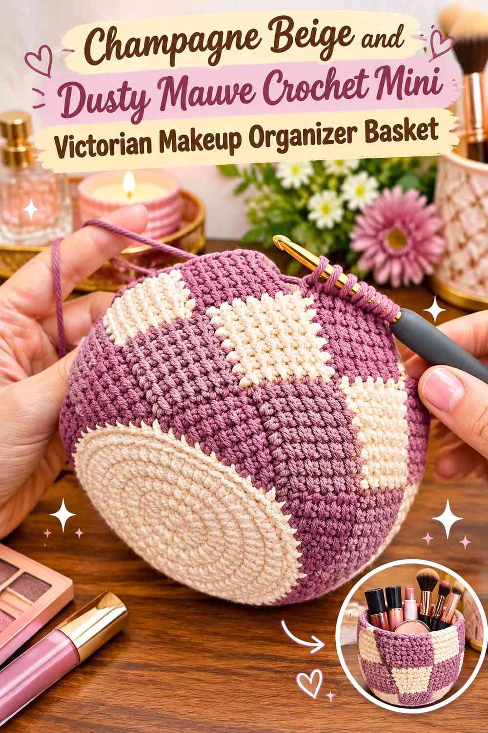Champagne Beige and Dusty Mauve Crochet Mini Victorian Makeup Organizer Basket