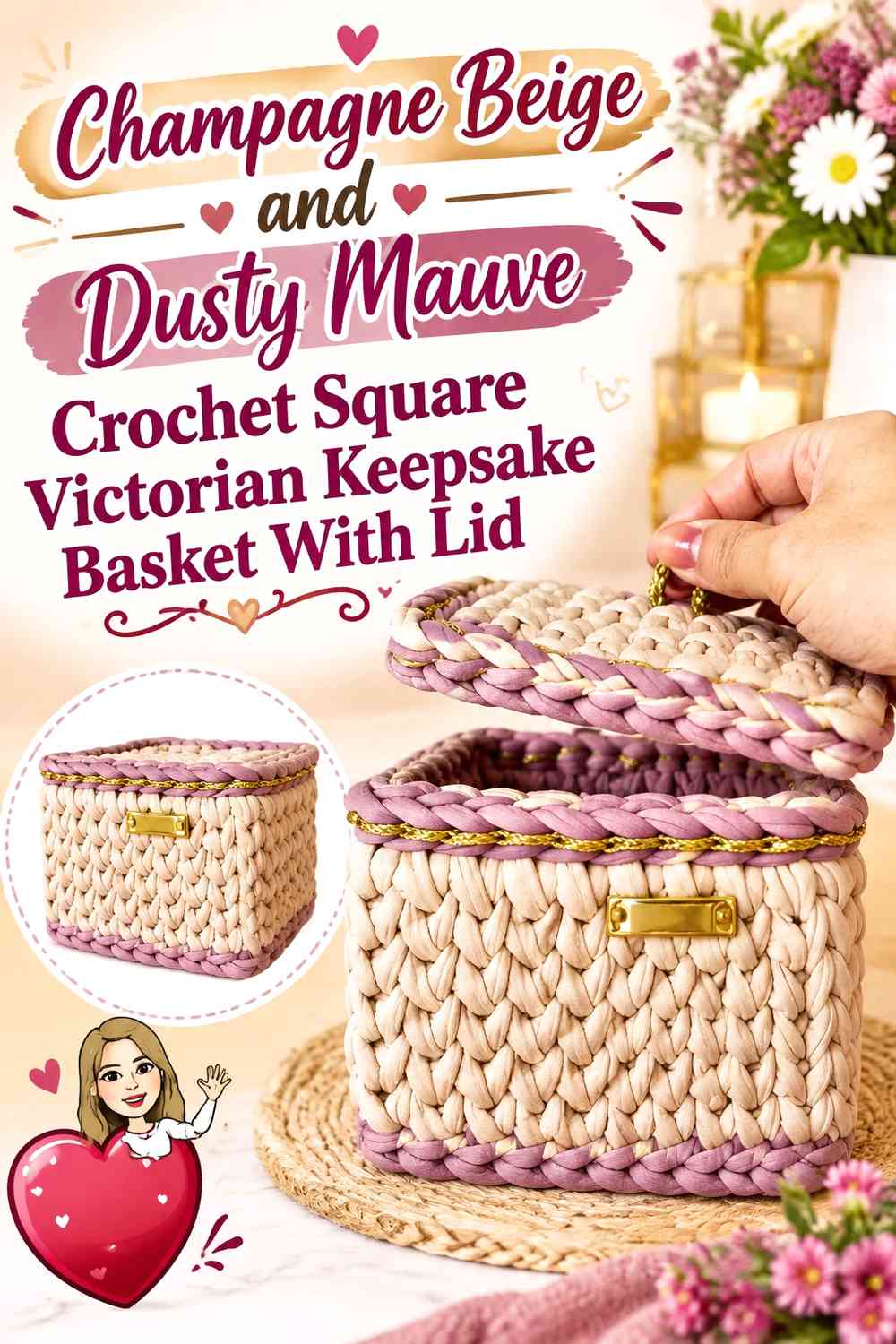 Champagne Beige and Dusty Mauve Crochet Square Victorian Keepsake Basket With Lid