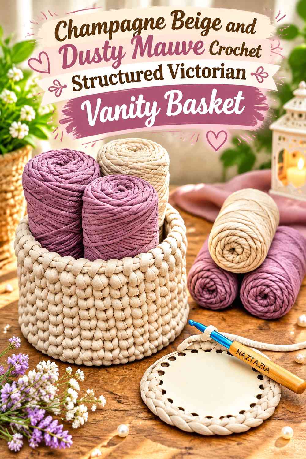 Champagne Beige and Dusty Mauve Crochet Structured Victorian Vanity Basket