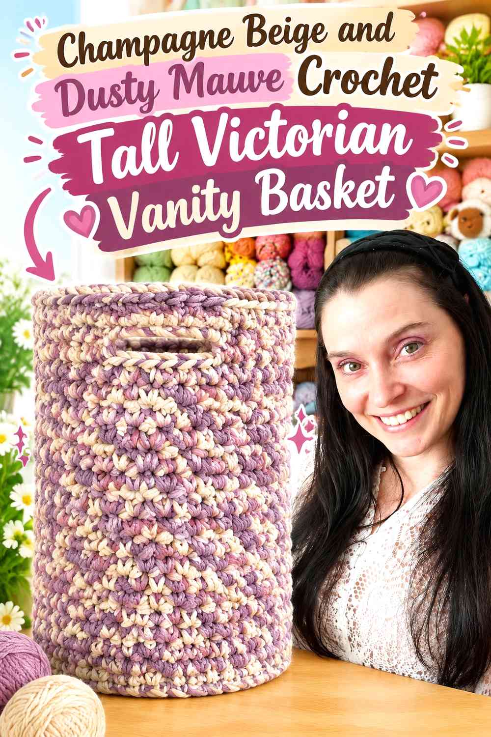 Champagne Beige and Dusty Mauve Crochet Tall Victorian Vanity Basket