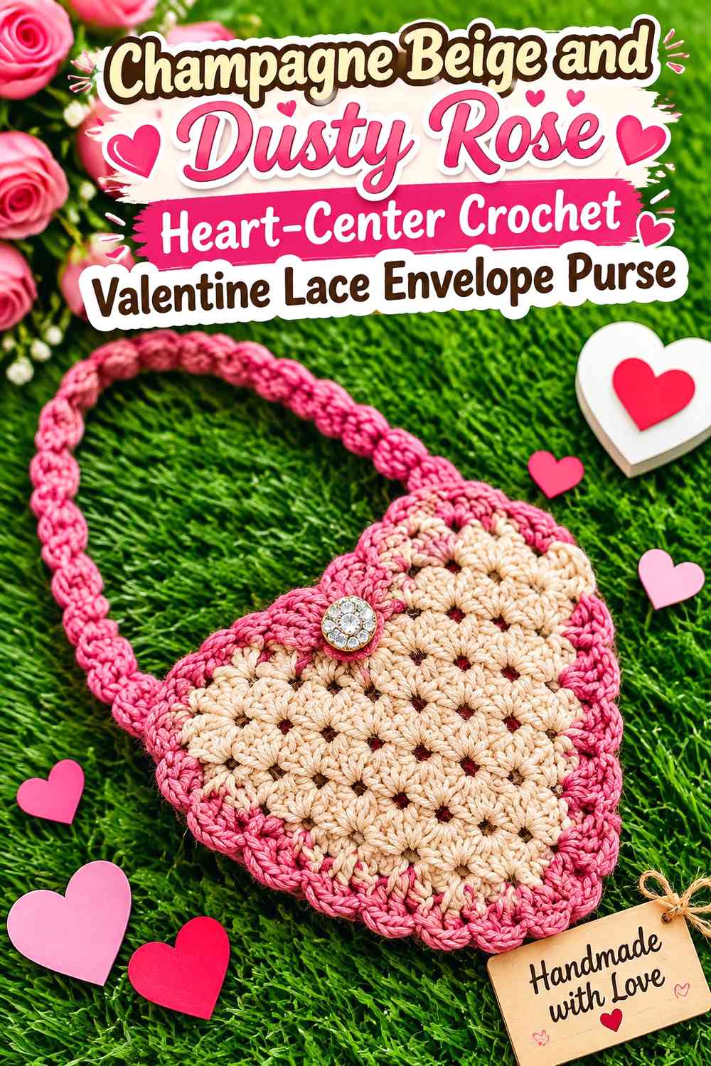 Champagne Beige and Dusty Rose Heart-Center Crochet Valentine Lace Envelope Purse