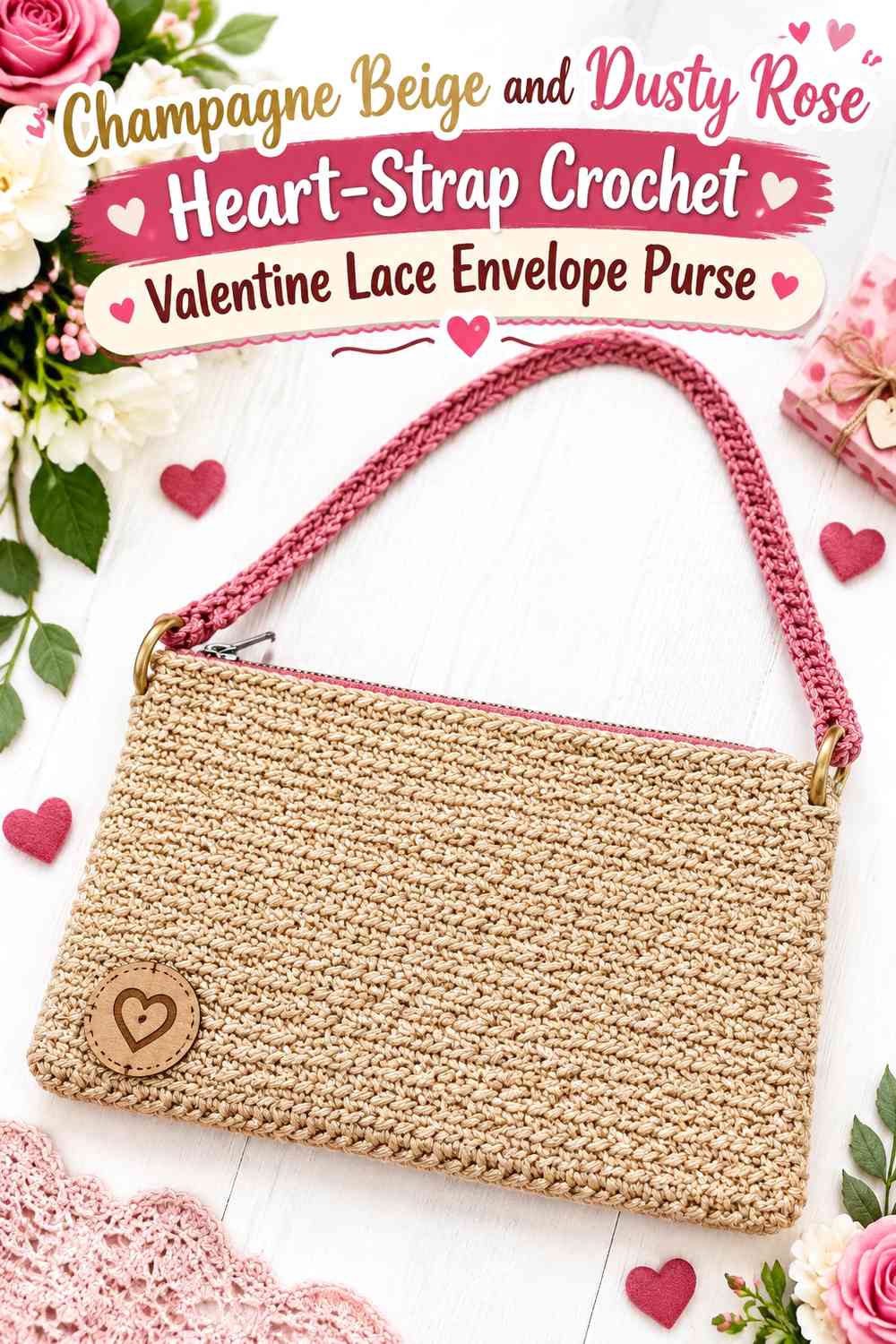 Champagne Beige and Dusty Rose Heart-Strap Crochet Valentine Lace Envelope Purse