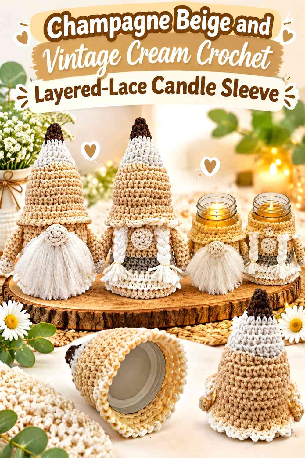 Champagne Beige and Vintage Cream Crochet Layered-Lace Candle Sleeve