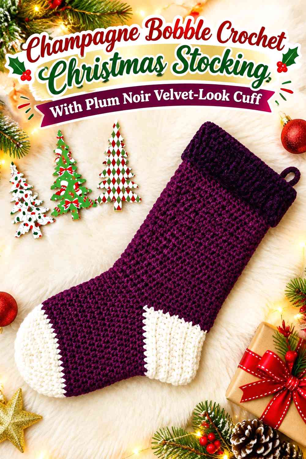 Champagne Bobble Crochet Christmas Stocking With Plum Noir Velvet-Look Cuff
