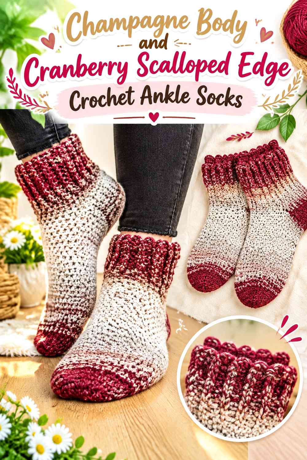 Champagne Body and Cranberry Scalloped Edge Crochet Ankle Socks