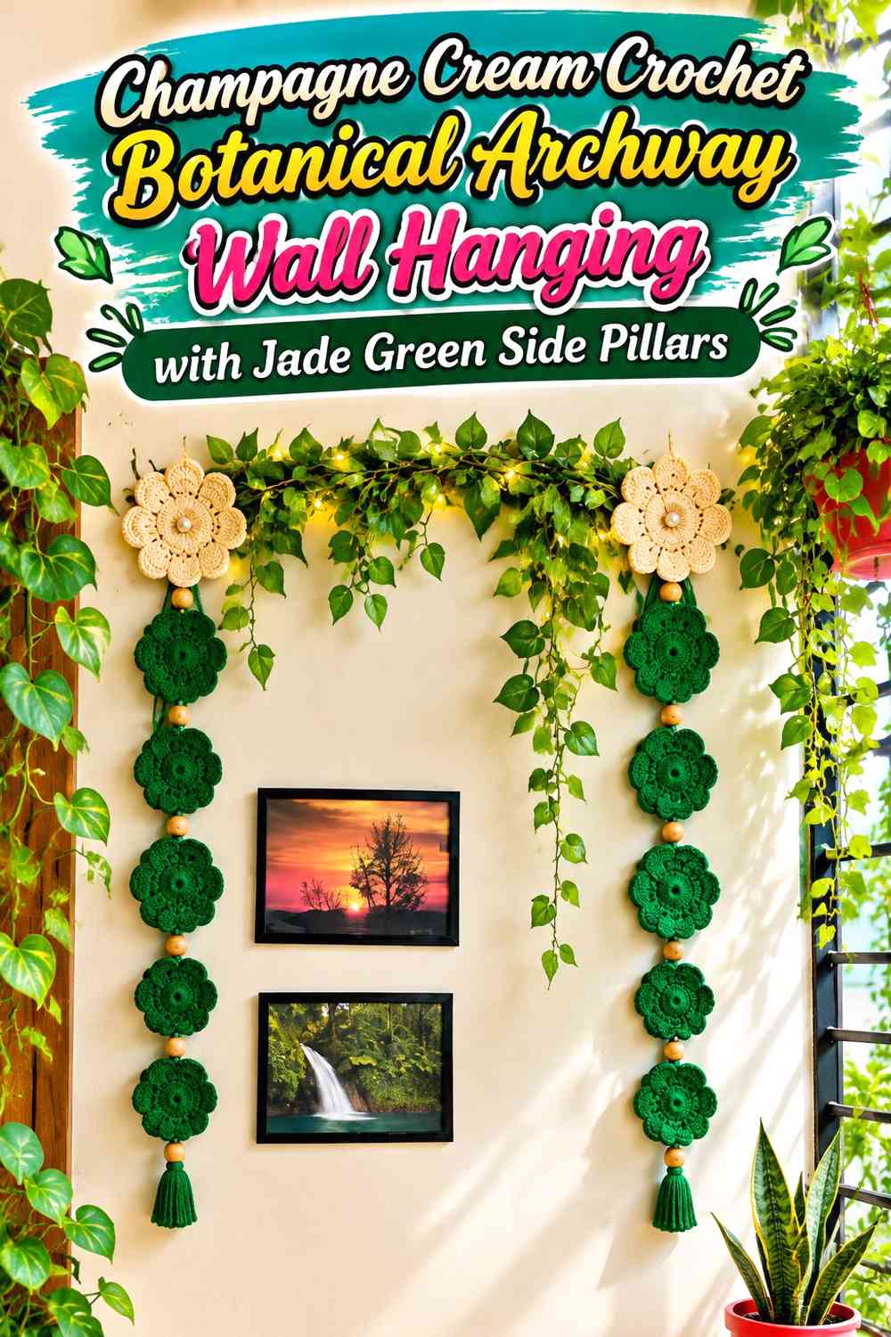 Champagne Cream Crochet Botanical Archway Wall Hanging with Jade Green Side Pillars