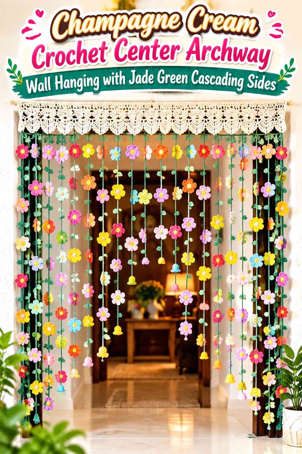 Champagne Cream Crochet Center Archway Wall Hanging with Jade Green Cascading Sides