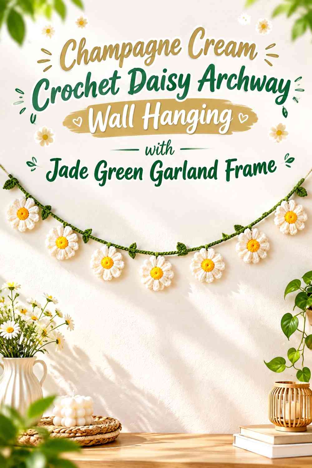 Champagne Cream Crochet Daisy Archway Wall Hanging with Jade Green Garland Frame