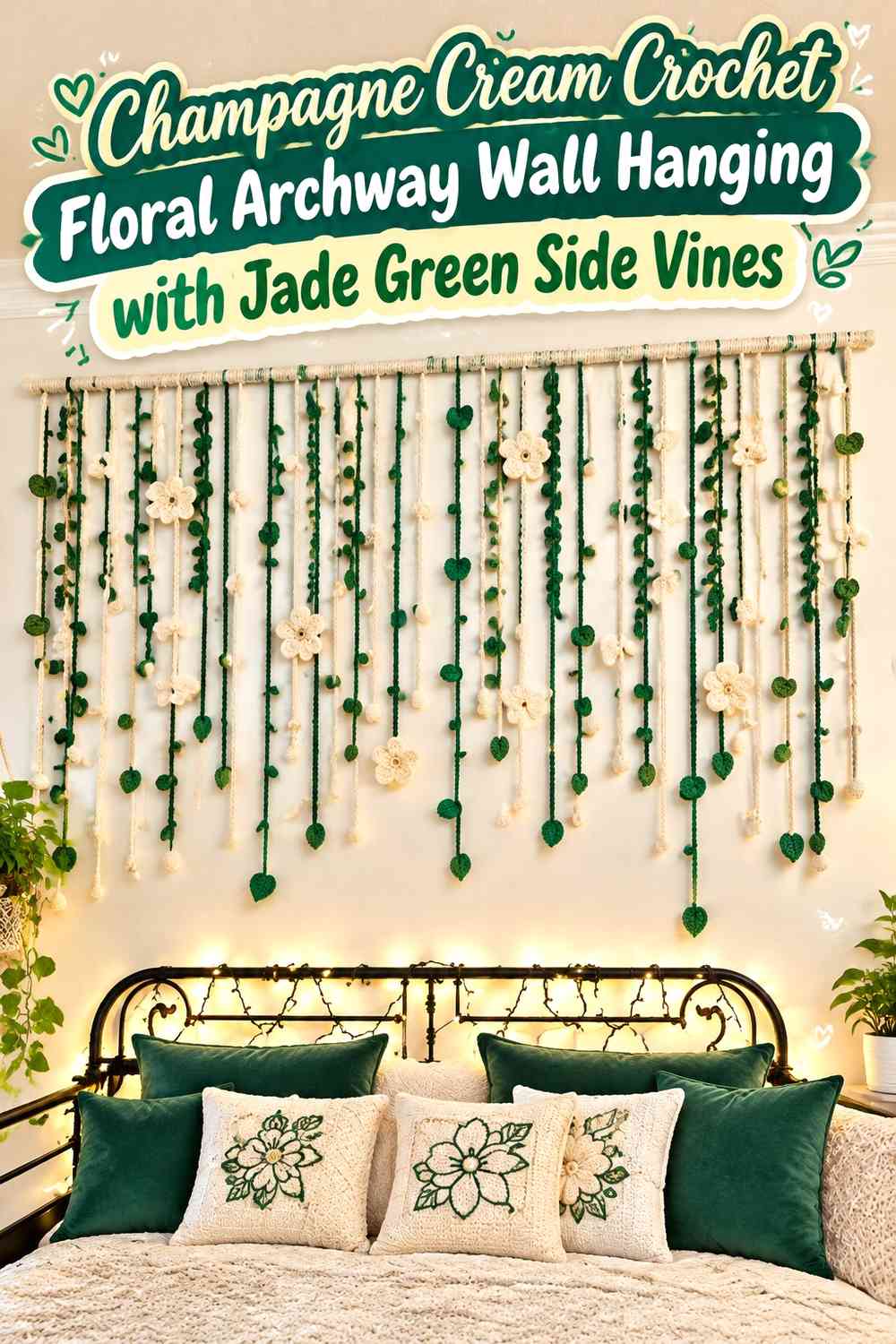 Champagne Cream Crochet Floral Archway Wall Hanging with Jade Green Side Vines