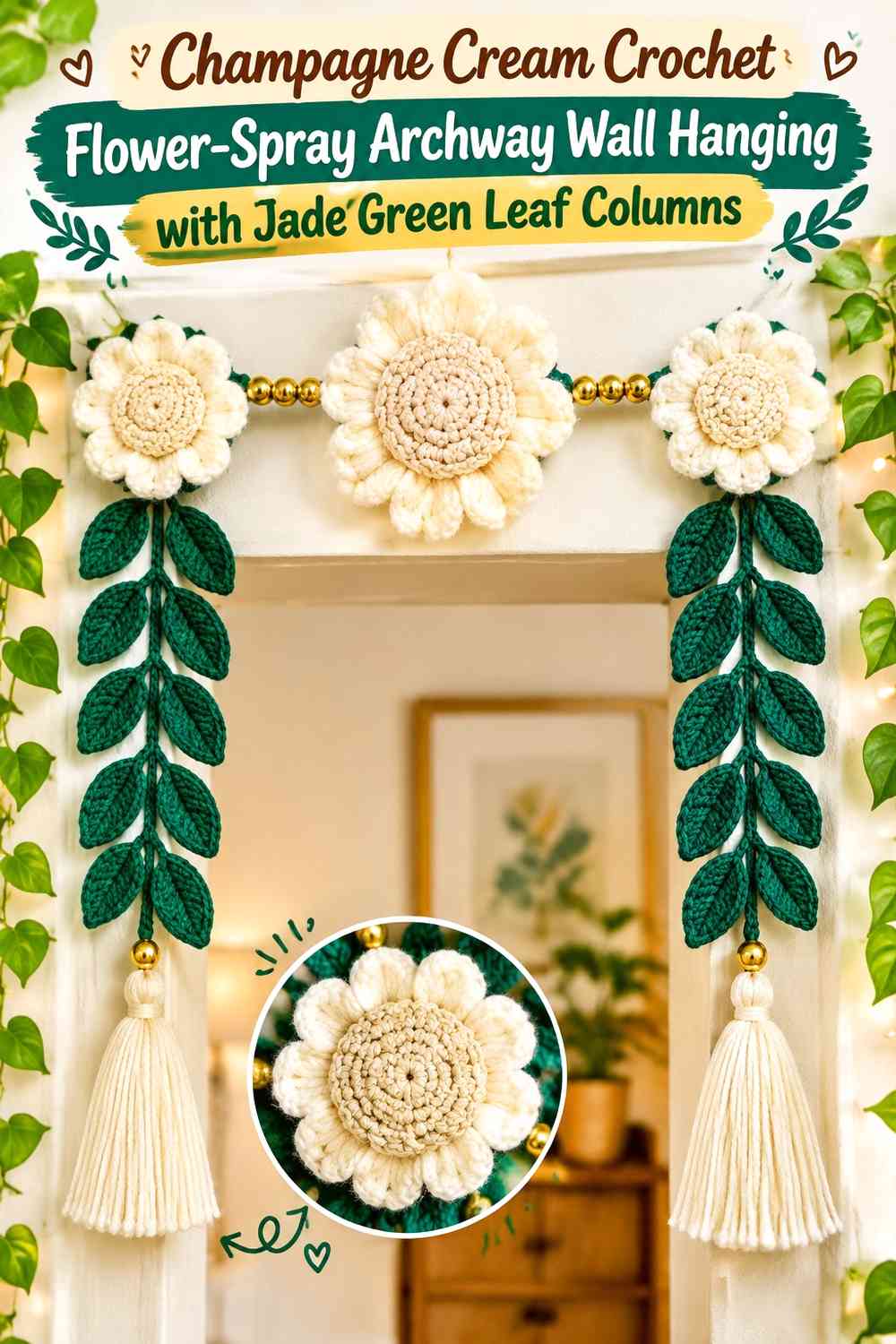 Champagne Cream Crochet Flower-Spray Archway Wall Hanging with Jade Green Leaf Columns