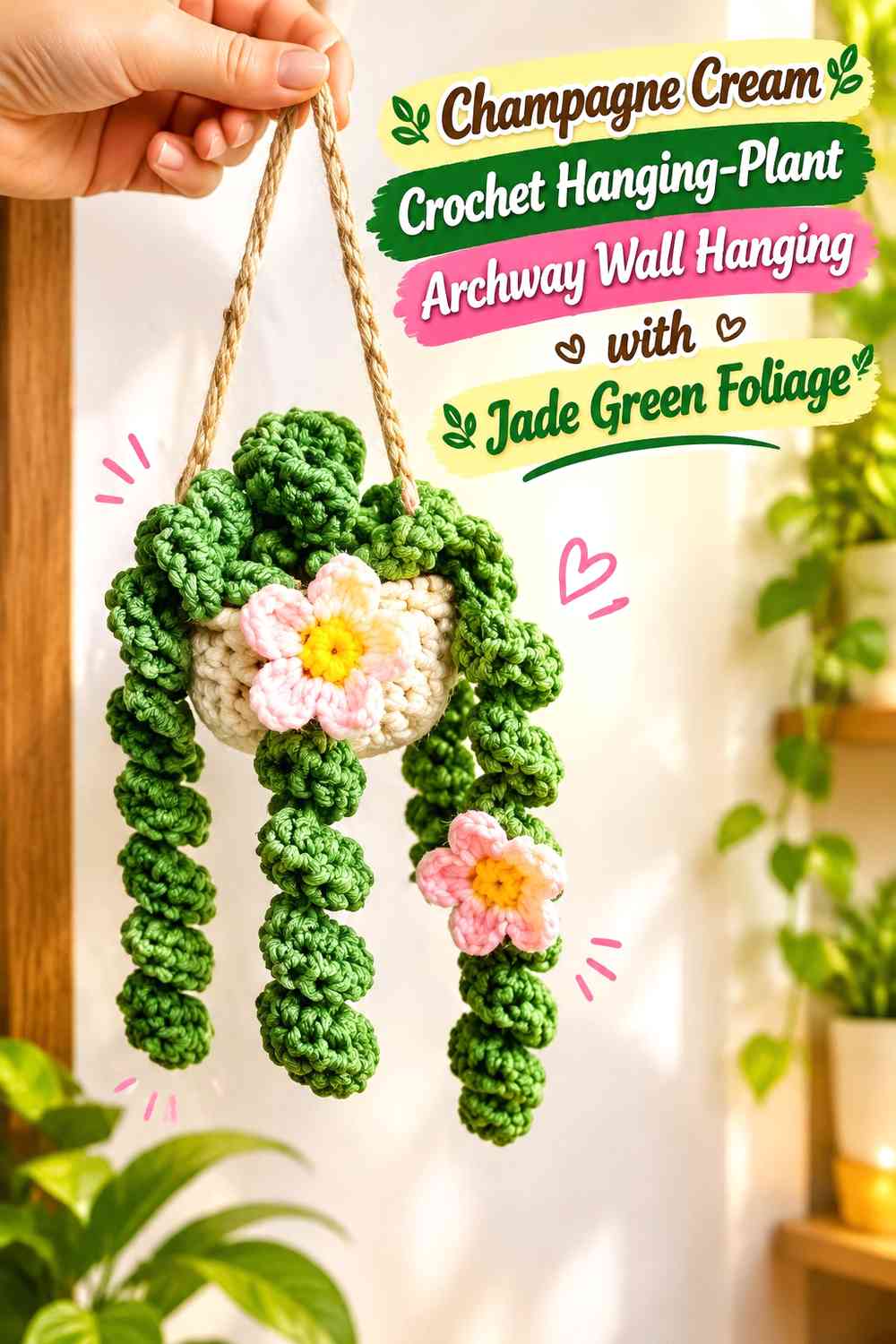 Champagne Cream Crochet Hanging-Plant Archway Wall Hanging with Jade Green Foliage