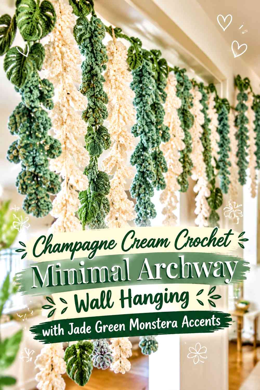 Champagne Cream Crochet Minimal Archway Wall Hanging with Jade Green Monstera Accents