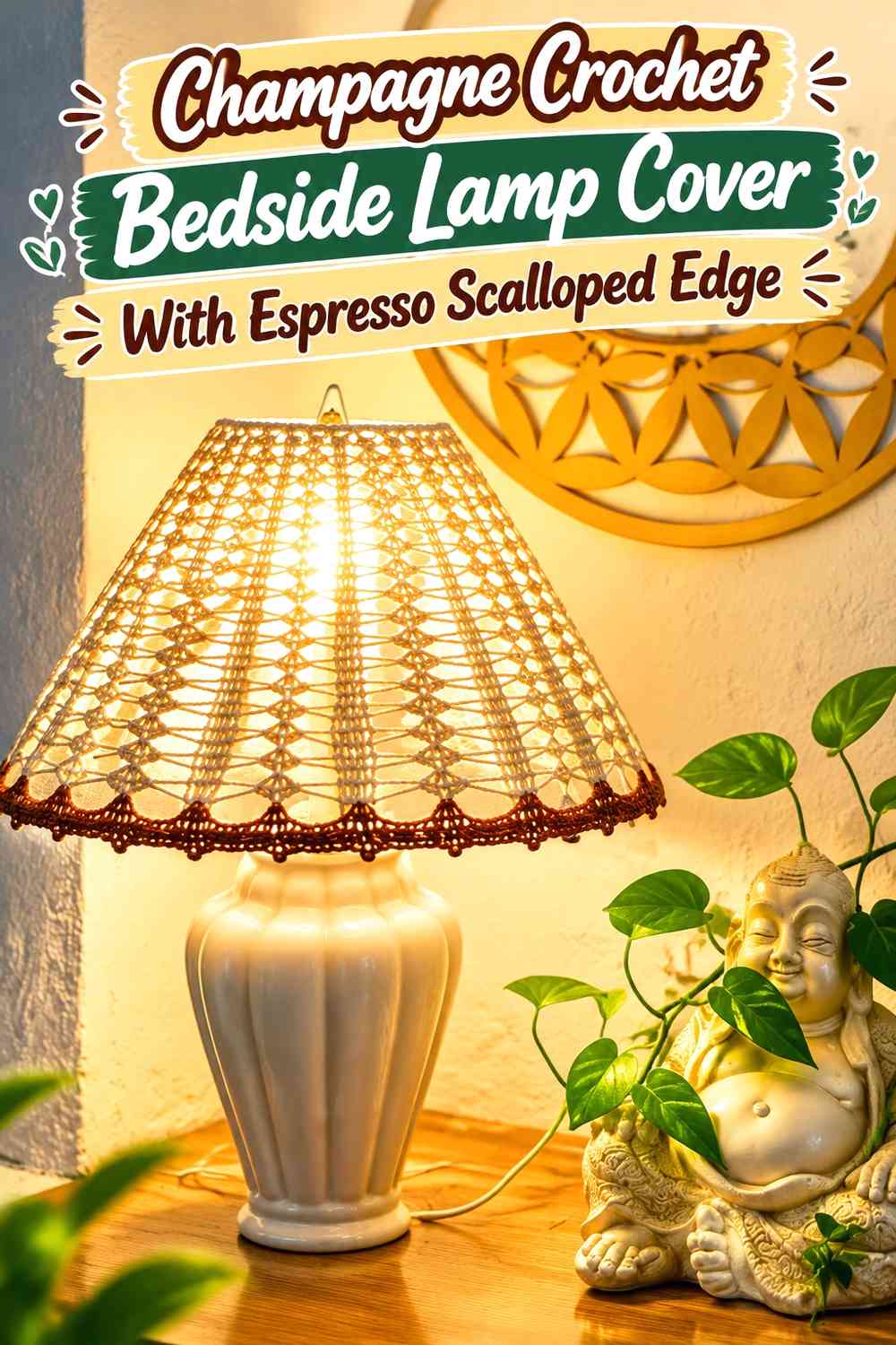 Champagne Crochet Bedside Lamp Cover With Espresso Scalloped Edge
