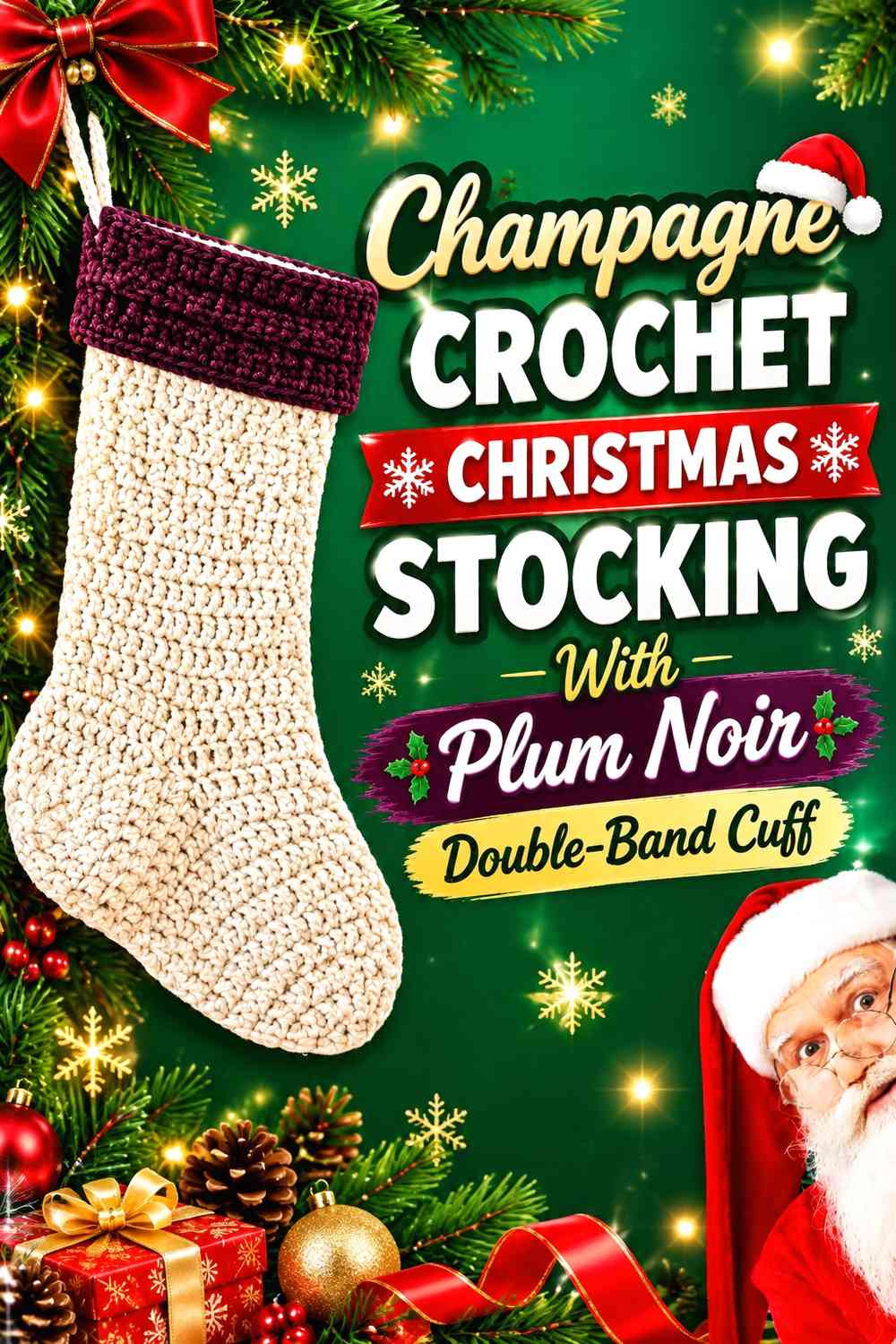 Champagne Crochet Christmas Stocking With Plum Noir Double-Band Cuff