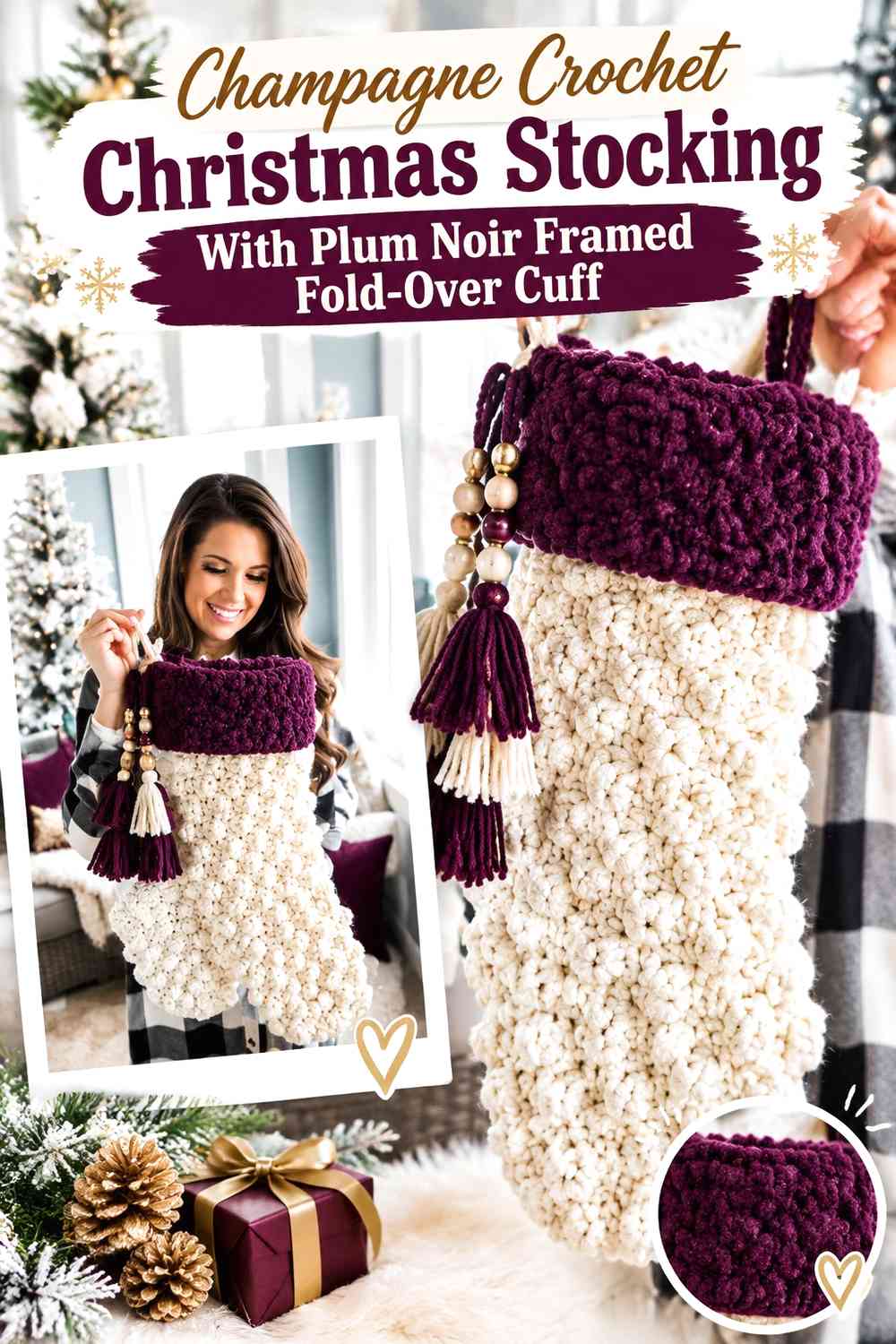 Champagne Crochet Christmas Stocking With Plum Noir Framed Fold-Over Cuff