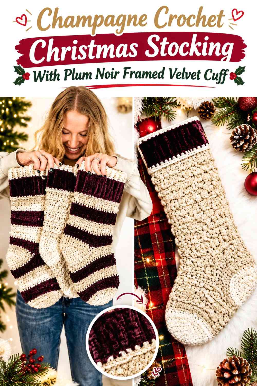 Champagne Crochet Christmas Stocking With Plum Noir Framed Velvet Cuff
