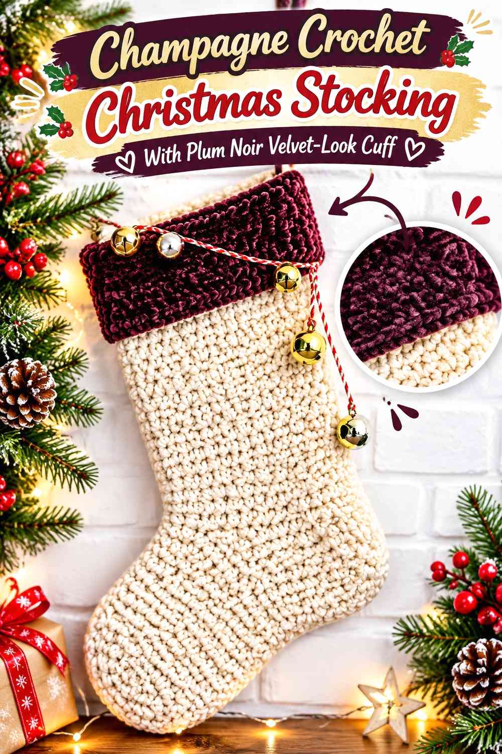 Champagne Crochet Christmas Stocking With Plum Noir Velvet-Look Cuff
