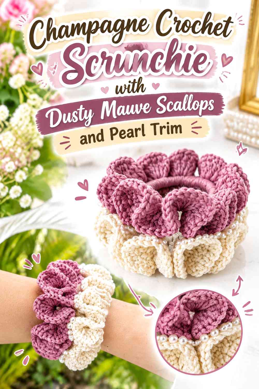 Champagne Crochet Scrunchie with Dusty Mauve Scallops and Pearl Trim