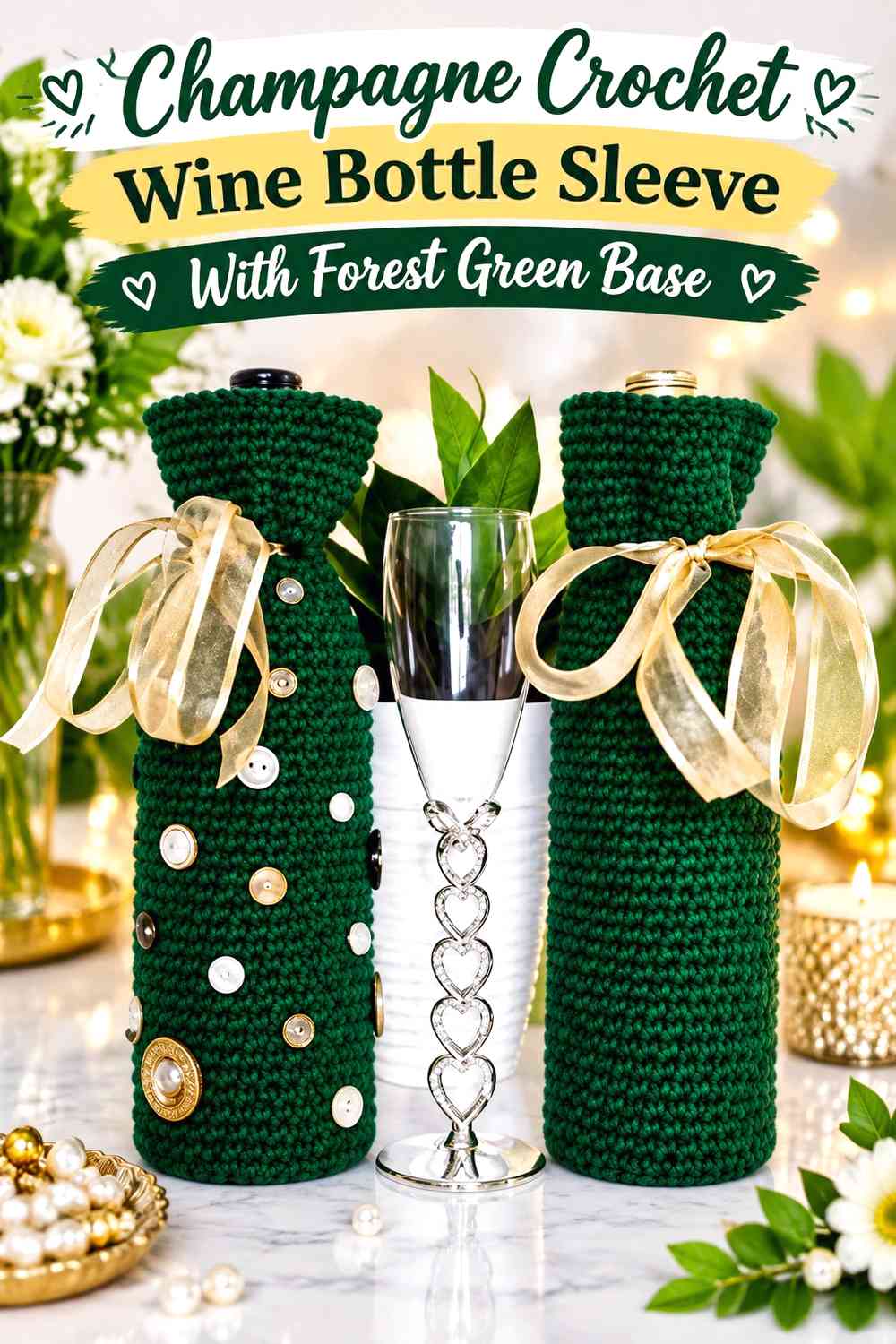Champagne Crochet Wine Bottle Sleeve With Forest Green Base