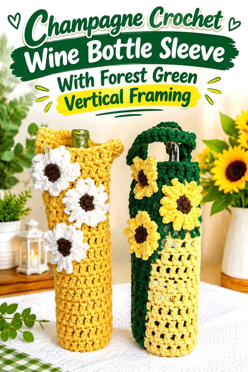 Champagne Crochet Wine Bottle Sleeve With Forest Green Vertical Framing