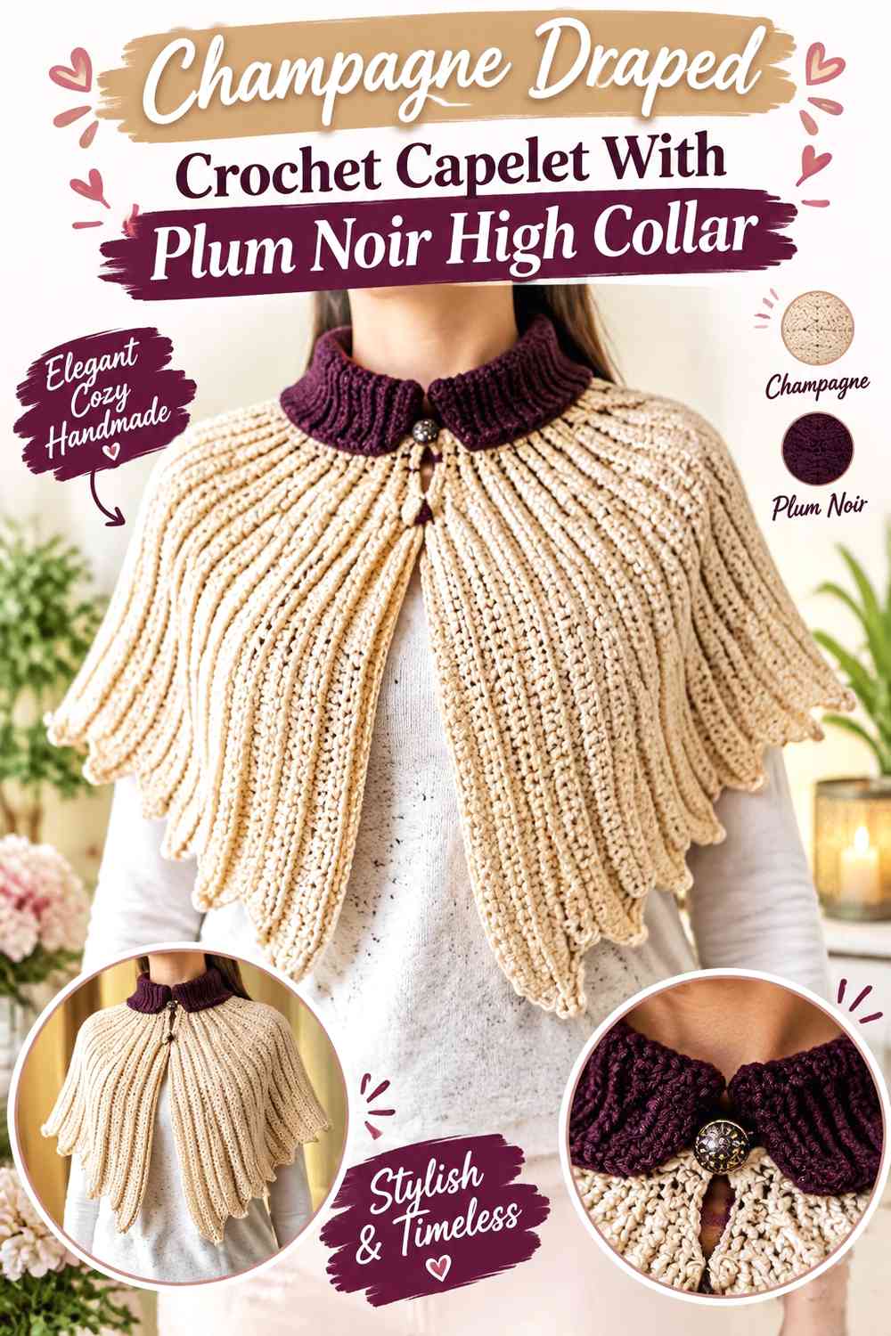 Champagne Draped Crochet Capelet With Plum Noir High Collar