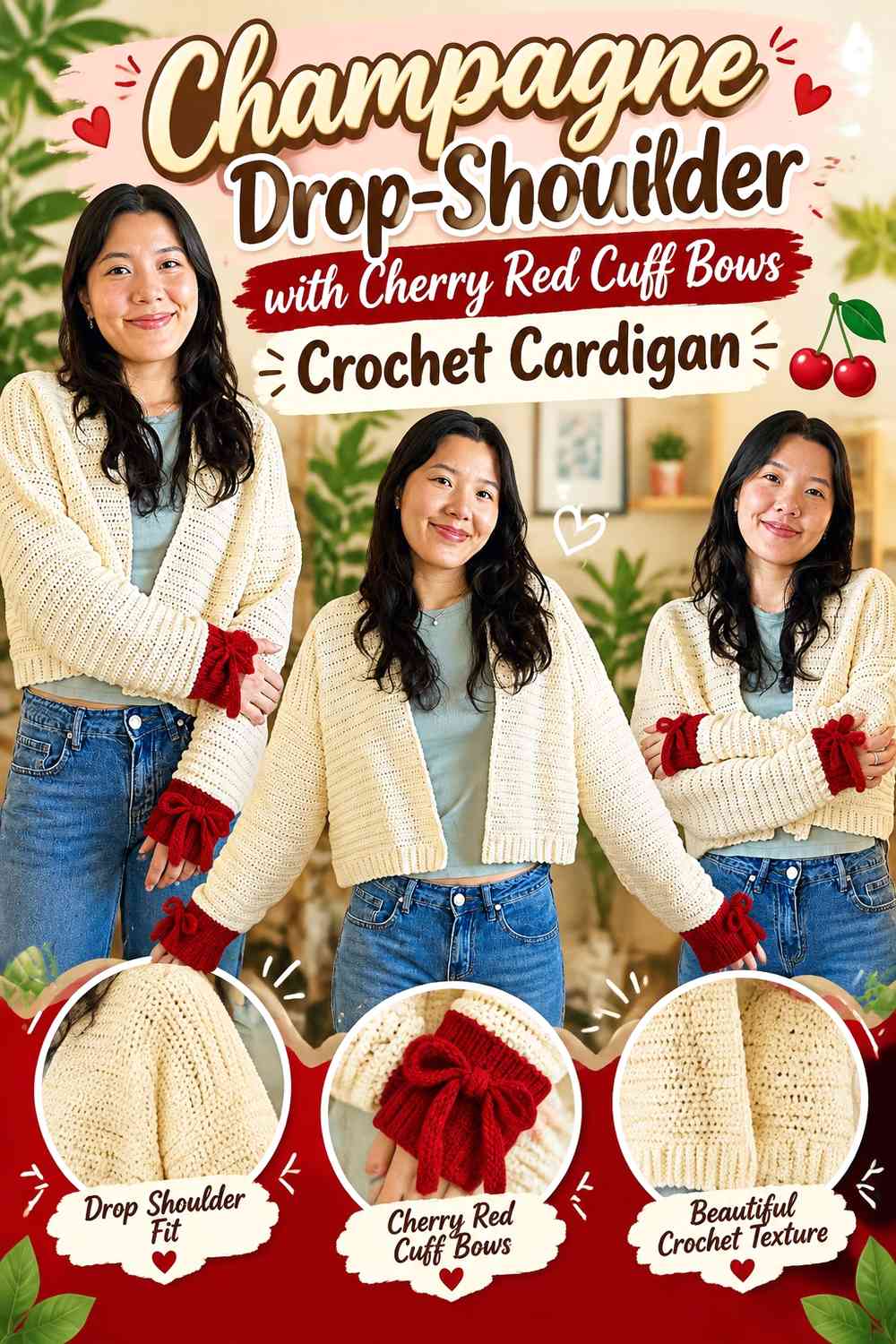 Champagne Drop-Shoulder with Cherry Red Cuff Bows Crochet Cardigan