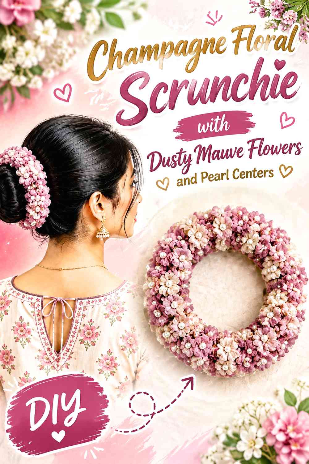 Champagne Floral Scrunchie with Dusty Mauve Flowers and Pearl Centers